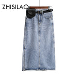 Long Denim Skirt Women Vintage High Wasit Jeans Skirt with Belt Plus Size Straight A-line Pencil Skirt Elegant Summer 2020 Chic