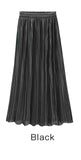 Trytree Spring Summer Pleated Skirt Womens Vintage High Waist Skirt Solid Long Skirts New Fashion Casual Metallic Skirt Female