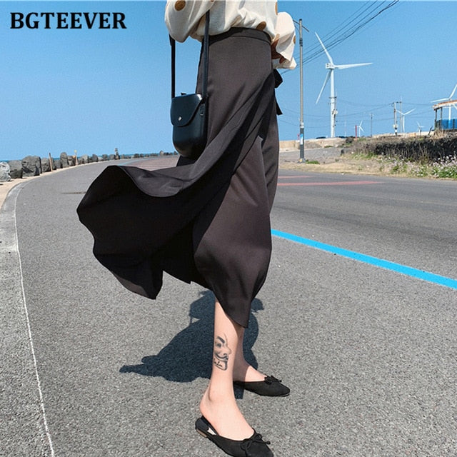 BGTEEVER Vintage Midi One Piece Skirts Women Loose Solid High Waist Lace Up Chiffon Skirts Female 2020 Spring Summer 11 Colors