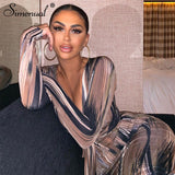 Simenual V Neck Bandage Bodycon Sexy Maxi Dresses Women Fashion Skinny Clubwear Printed Long Sleeve Party Dress Autumn 2019 Slim