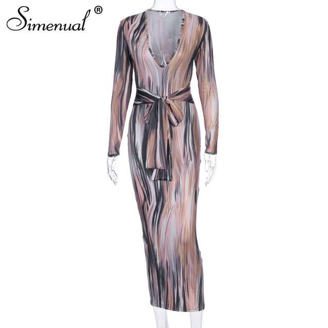 Simenual V Neck Bandage Bodycon Sexy Maxi Dresses Women Fashion Skinny Clubwear Printed Long Sleeve Party Dress Autumn 2019 Slim