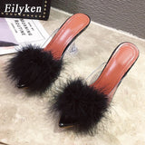 Eilyken Summer Woman Pumps PVC Transparent Feather Perspex Crystal High Heels Fur Peep Toe Mules Slippers Ladies Slides Shoes