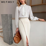 WOTWOY 2020 Summer Office Lady Pencil Skirts Women Button High Waist Formal Skirt Woman Mid-Calf White Long Faldas Female Korean