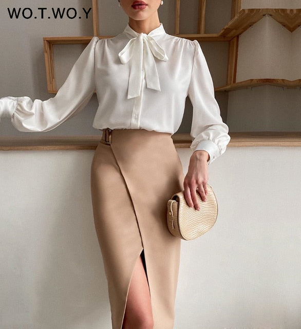 WOTWOY 2020 Summer Office Lady Pencil Skirts Women Button High Waist Formal Skirt Woman Mid-Calf White Long Faldas Female Korean