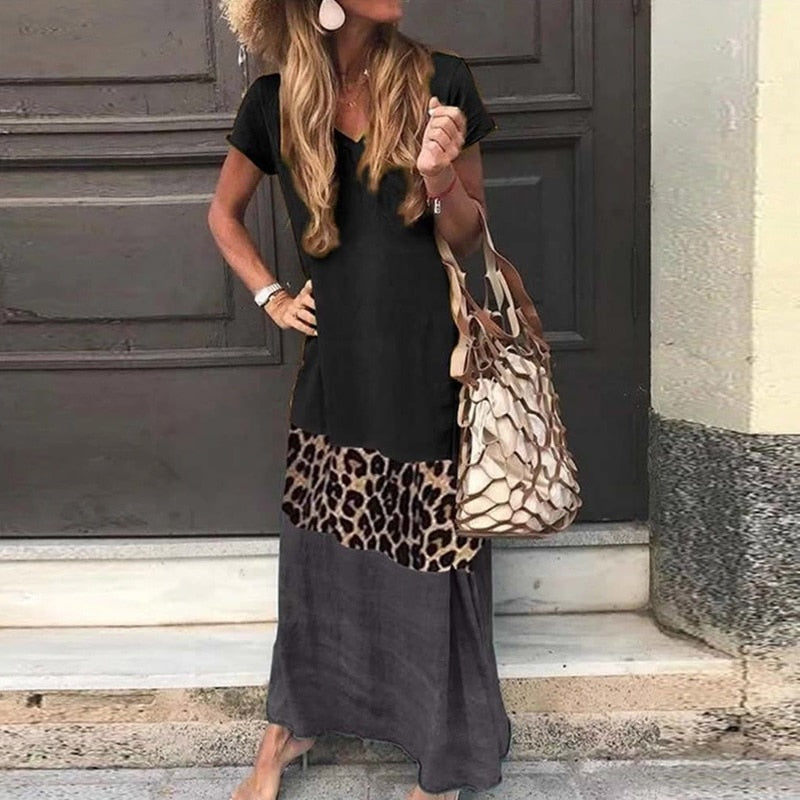 Vintage Leopard Long Dress Plus Size Loose Beach Summer Dress Fashion Casual Women Dress Long Sleeve & Short For Choice