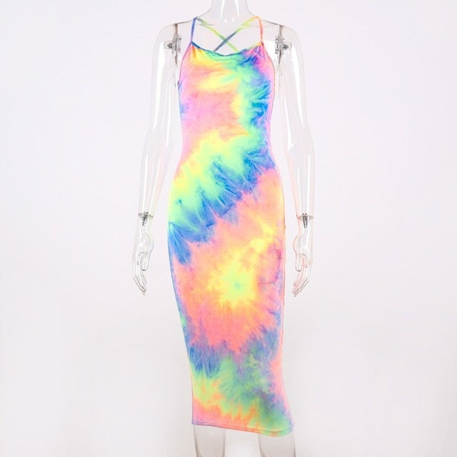 Hugcitar tie dye slip backless sexy 2019 summer autumn women fashion high waist slim party elegant bodycon midi dress