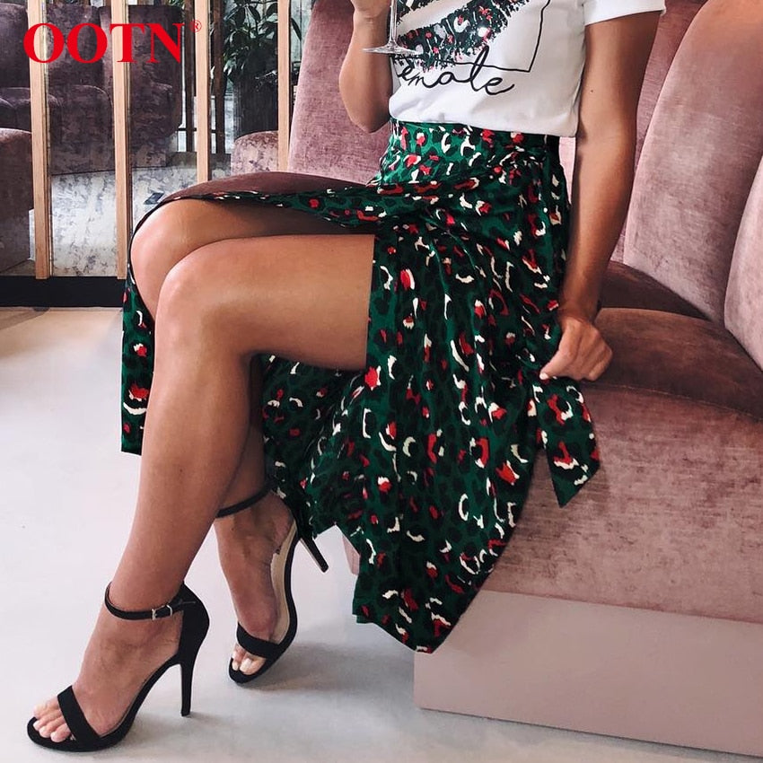 OOTN Vintage Leopard Print Long Skirts Women High Waist Midi Skirt Bow Tie 2019 Summer Sexy Split Wrap Skirt Ladies Green Beach