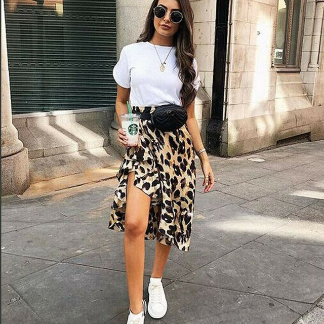 Leopard Skirt Women Fashion Sexy Wrap Over Asymmetrical Calf Length Skirt Ladies Summer Casual High Waist Slim Skirts Sundress