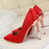 Metal Carved Thin Heel High Heels Pumps Women Shoes 2018 Sexy Pointed Toe Ladies Shoes Fashion Candy Colors Wedding Shoes Woman