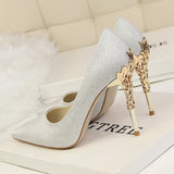 Metal Carved Thin Heel High Heels Pumps Women Shoes 2018 Sexy Pointed Toe Ladies Shoes Fashion Candy Colors Wedding Shoes Woman