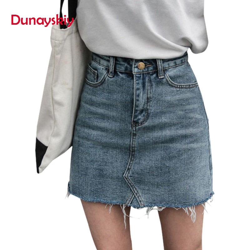 Duanyskiy Women Summer Black Blue Solid Casual High Waist Pencil Denim Skirts High Street Pockets Button All-matched Jeans Skirt