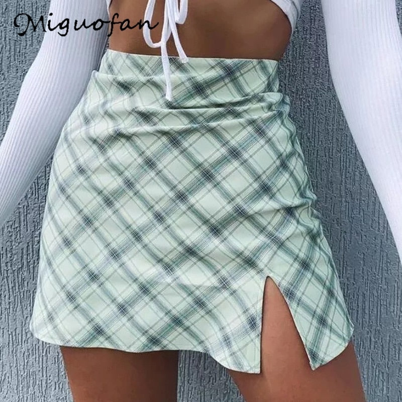 Miguofan green plaid printting skirts high split high waist Skirts for women high waist skirts vintage female  lady spring 2020