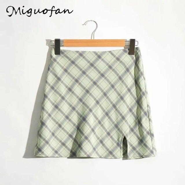 Miguofan green plaid printting skirts high split high waist Skirts for women high waist skirts vintage female  lady spring 2020