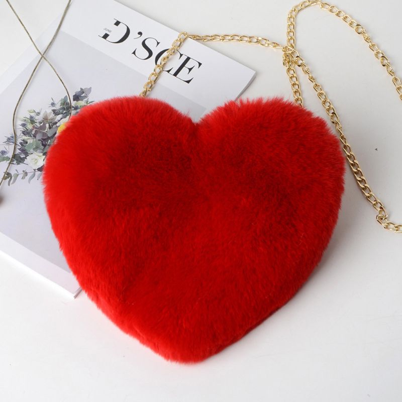 Fashion Women's Heart Shaped Faux Fur Crossbody Wallet Purse Chain Shoulder Bag Lady Handbag