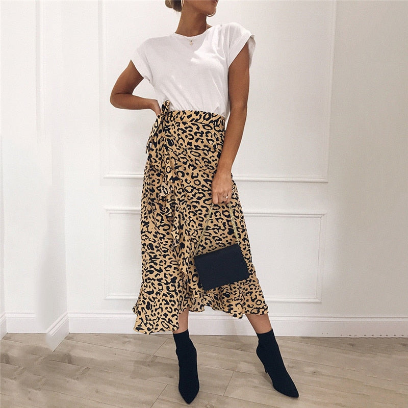 Hot Summer Sexy Women Lace Up Skirts Fashion High Waist Ruffles Loose Slim Long Wrap Skirt Ladies Leopard Beach Clothing Female