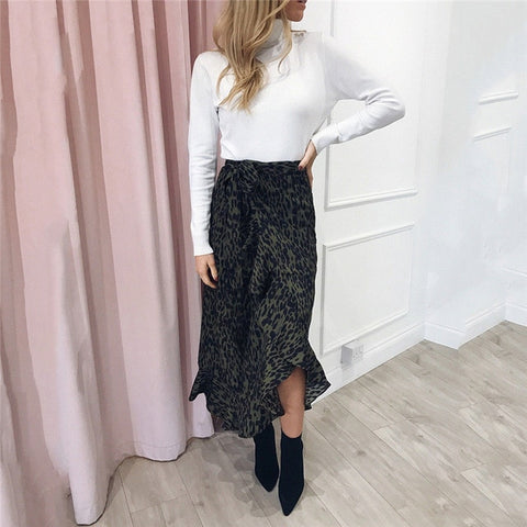 Hot Summer Sexy Women Lace Up Skirts Fashion High Waist Ruffles Loose Slim Long Wrap Skirt Ladies Leopard Beach Clothing Female