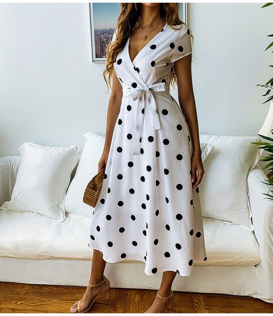 Lossky Summer Dress Women Vintage Dress Casual Polka Dot Print A-Line Party Dresses Sexy V-neck Short Sleeve Long Dress Fashion