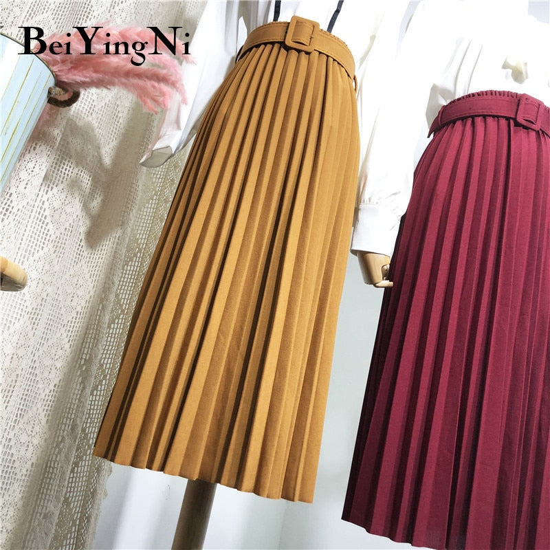 Beiyingni High Waist Women Skirt Casual Vintage Solid Belted Pleated Midi Skirts Lady 11 Colors Fashion Simple Saia Mujer Faldas