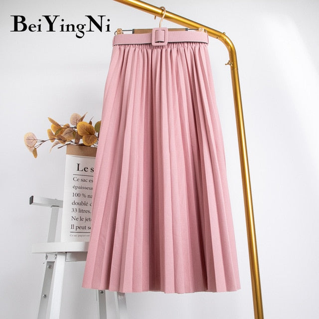 Beiyingni High Waist Women Skirt Casual Vintage Solid Belted Pleated Midi Skirts Lady 11 Colors Fashion Simple Saia Mujer Faldas