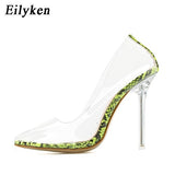 Eilyken Fashion Rhinestones PVC Transparent Pumps Stilettos High Heels Point Toes Womens Party Golden Wedding High heels shoes