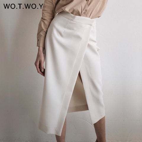 WOTWOY Summer Formal High-Waist Women Skirt 2020 Office Lady Mid-Calf Length Straight Women's Skirt Elegant White Skirt Femme