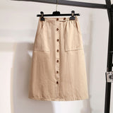 Women's Skirts Spring Korean Style Midi Knee Length Elegant Button High Waist Skirt Female Pleated School Long Skirt