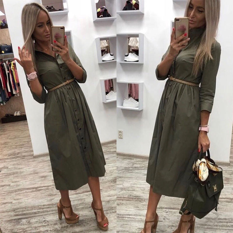 Women Vintage Front Button Sashes Party Dress Three Quarter Sleeve Turn Down Collar Solid Dress 2020 Autumn New Fashion Dress