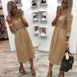 Women Vintage Front Button Sashes Party Dress Three Quarter Sleeve Turn Down Collar Solid Dress 2020 Autumn New Fashion Dress