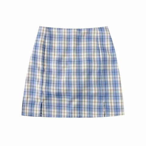 Women Split Details Plaid Mini Skirt with Under Shorts Mini Skort In Check