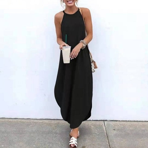 Women Dress Summer 2020 Casual Sleeveless Retro Halter Solid Beach Long Dress Round Neck Sling Fashion Beach Clothes Plus Size