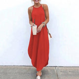 Women Dress Summer 2020 Casual Sleeveless Retro Halter Solid Beach Long Dress Round Neck Sling Fashion Beach Clothes Plus Size