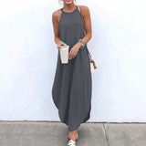 Women Dress Summer 2020 Casual Sleeveless Retro Halter Solid Beach Long Dress Round Neck Sling Fashion Beach Clothes Plus Size