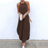 Women Dress Summer 2020 Casual Sleeveless Retro Halter Solid Beach Long Dress Round Neck Sling Fashion Beach Clothes Plus Size