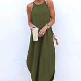 Women Dress Summer 2020 Casual Sleeveless Retro Halter Solid Beach Long Dress Round Neck Sling Fashion Beach Clothes Plus Size