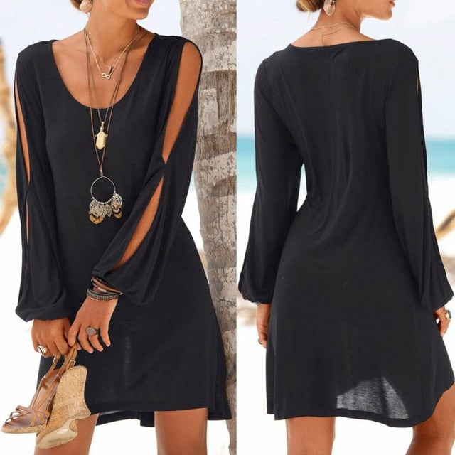 KANCOOLD dress Fashion Women Casual O-Neck Hollow Out Sleeve Straight Dress Solid Beach Style Mini dress women 2018jul20