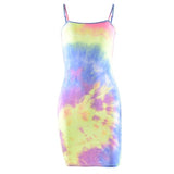 Bodycon Sexy Tie Dye Mini Dress Women Spaghetti Strap Dresses Summer Fashion 2019 Streetwear Neon Slim Skinny Sleeveless Dresses