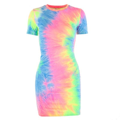 Bodycon Sexy Tie Dye Mini Dress Women Spaghetti Strap Dresses Summer Fashion 2019 Streetwear Neon Slim Skinny Sleeveless Dresses