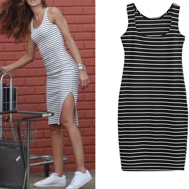 Women Casual Dress Summer Fashion Sexy Dress Slim Side Slit Stripe Vest Bottoming Dress Femme Tank Dresses