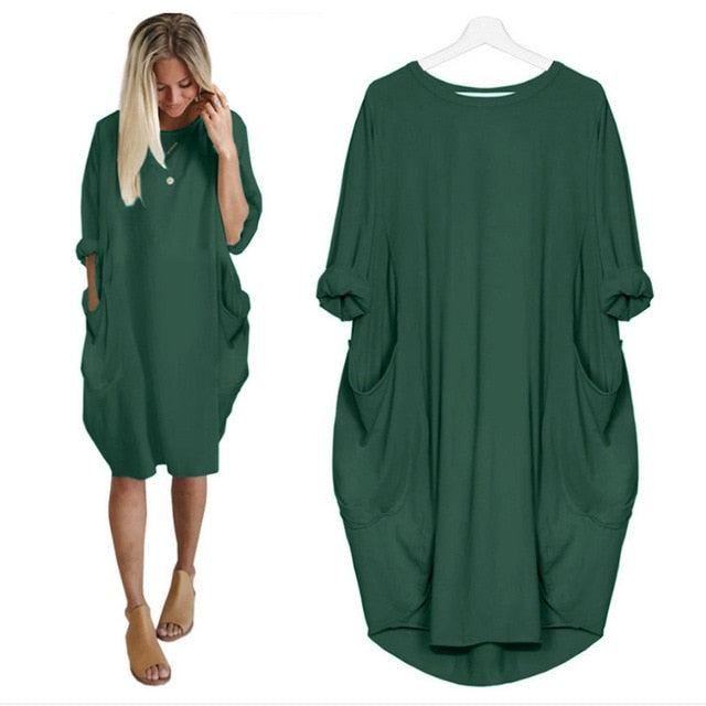 Women Casual Loose Dress with Pocket Ladies Fashion O Neck Long Tops Female T Shirt Dress Streetwear Plus Size 5XL vestidos