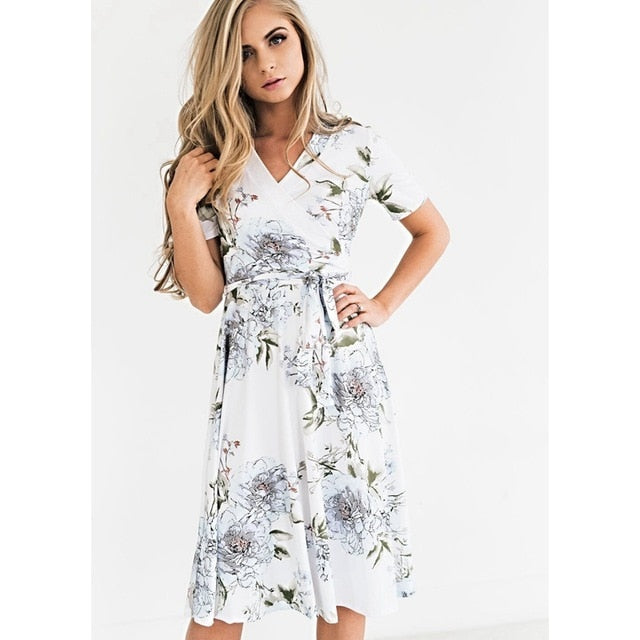 Hot Sale  Women's Summer Bohemian Floral V-Neck Loose Empire Fashion Casual Dress Sundress