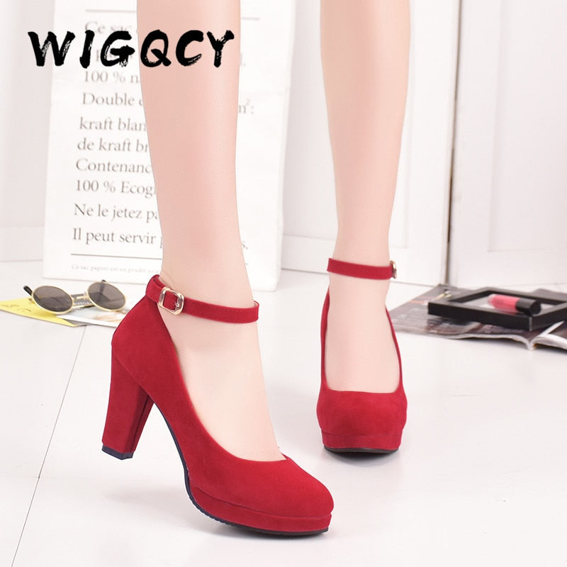 Ankle Strap High Heels Sweet Women's Pumps Flock Woman Thick Flock Platform Mary Jane Women Party Shoes Buckle Ladies Footwear