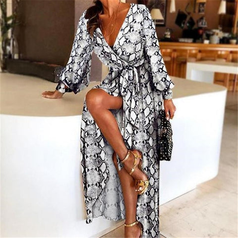 2020 New Style Fashion Elegant Women Sexy Boat Neck Glitter Deep V Neck Print Party Dress Formal Long Dress Sexy Clubwear