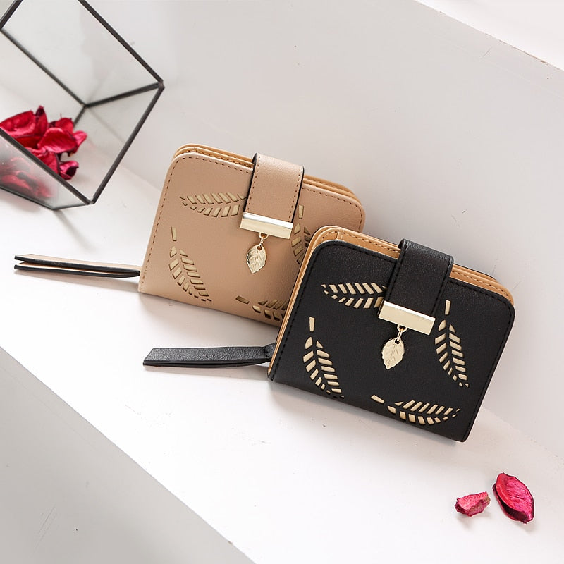 Women Wallet Fashion Purse Female Short Wallets Hollow Leave Pouch Handbag For Women Coin PU Leather Purses Card Holder Carteira