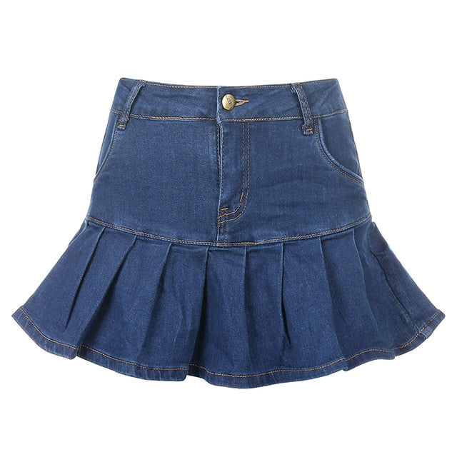 Rapcopter Women Jeans Skirts High Waist Pleated Skirts Zipper Mini Skirts Summer New Pop Streetwear Bottom Y2K Skinny Blue Skirt