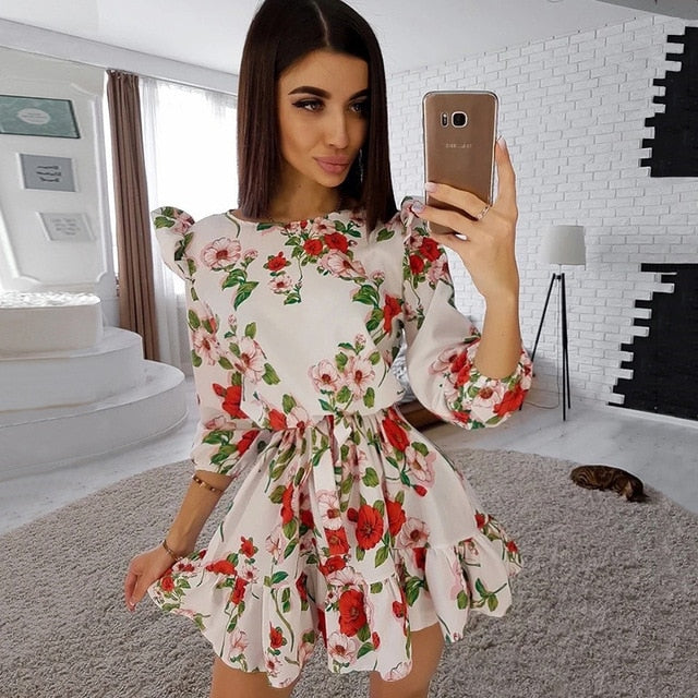 Fashion Ruffle Trim Sashes Women Summer Dress 3/4 Sleeves Round Neck Dot Print Casual Dress Girls Sweet Cute A Line Mini Dresses