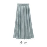 Trytree Spring Summer Pleated Skirt Womens Vintage High Waist Skirt Solid Long Skirts New Fashion Casual Metallic Skirt Female