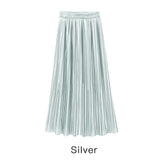 Trytree Spring Summer Pleated Skirt Womens Vintage High Waist Skirt Solid Long Skirts New Fashion Casual Metallic Skirt Female